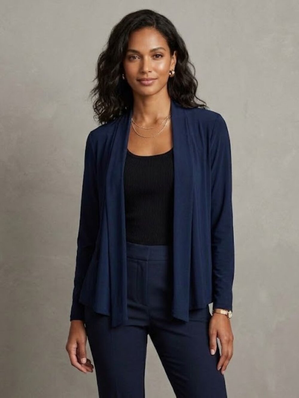 Frank Lyman Navy Blue Open Front Draped Cardigan Jacket Knit Shrug Layering
